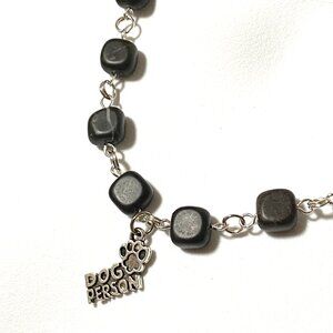 Genuine Black Agate Short Necklace, Gemstone Cube & Dog Person Paw Print Pendant